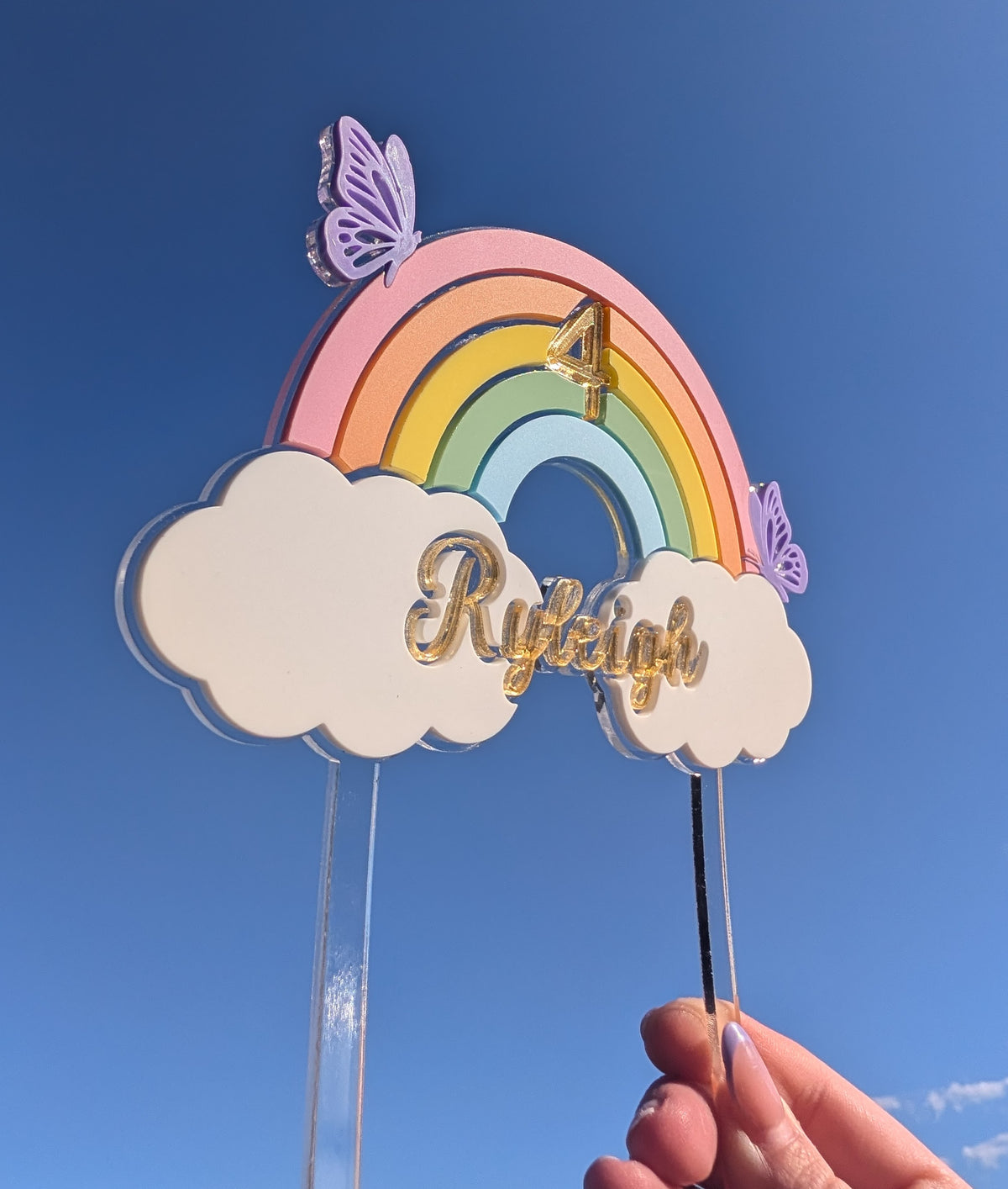Personalised pastel rainbow cake topper with custom name and age