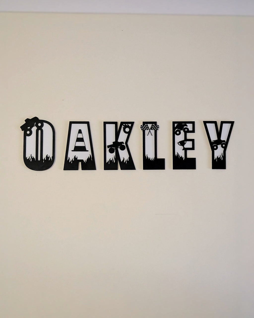 Personalised OAKLEY motocross name sign with black dirt bike and racing details