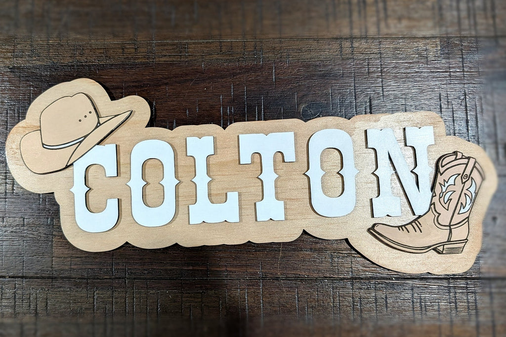 Personalised wooden western cowboy name sign with hat and boot details