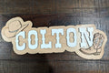 Personalised wooden western cowboy name sign with hat and boot details