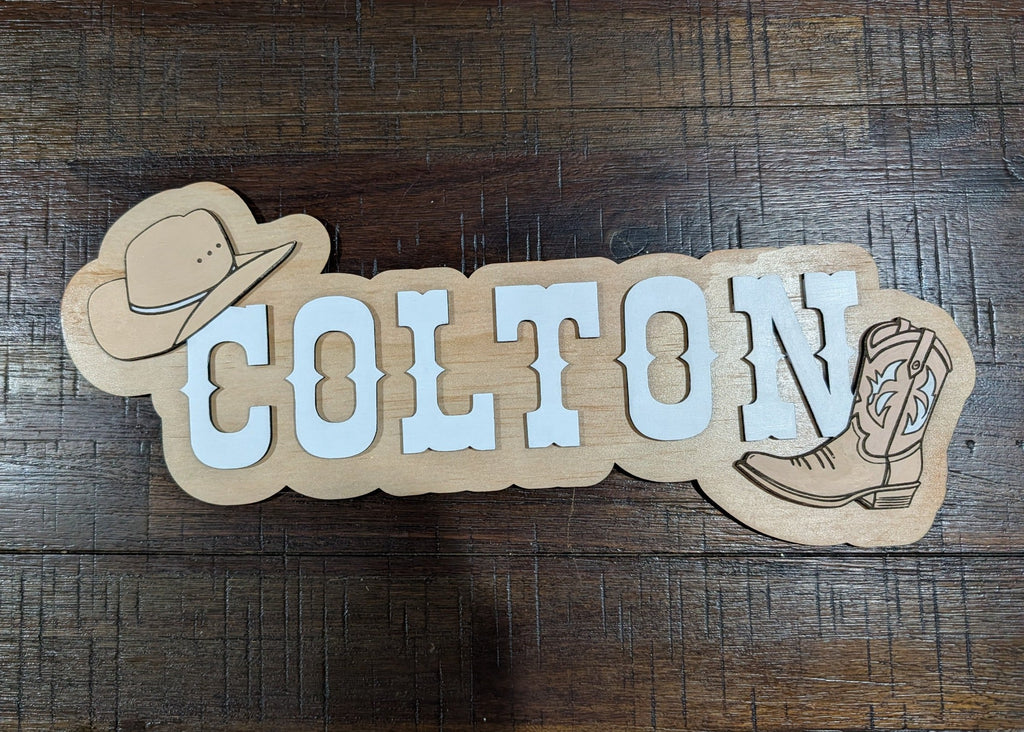 Original handmade personalised western name sign with cowboy hat and boot details