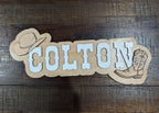 Original handmade personalised western name sign with cowboy hat and boot details