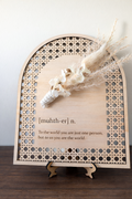 Wooden Mother definition plaque with floral arrangement and decorative arch frame