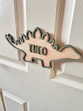 Personalised wooden stegosaurus dinosaur door sign with custom child name